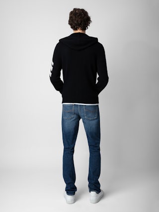Clash Arrow Cashmere Cardigan - Long-sleeved black cashmere zip-up cardigan with hood and arrow on left arm.