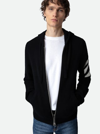 Clash Arrow Cashmere Cardigan - Long-sleeved black cashmere zip-up cardigan with hood and arrow on left arm.