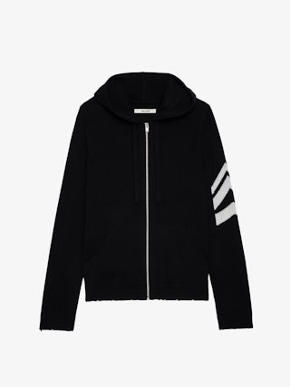 Clash Arrow Cashmere Cardigan - Long-sleeved black cashmere zip-up cardigan with hood and arrow on left arm.