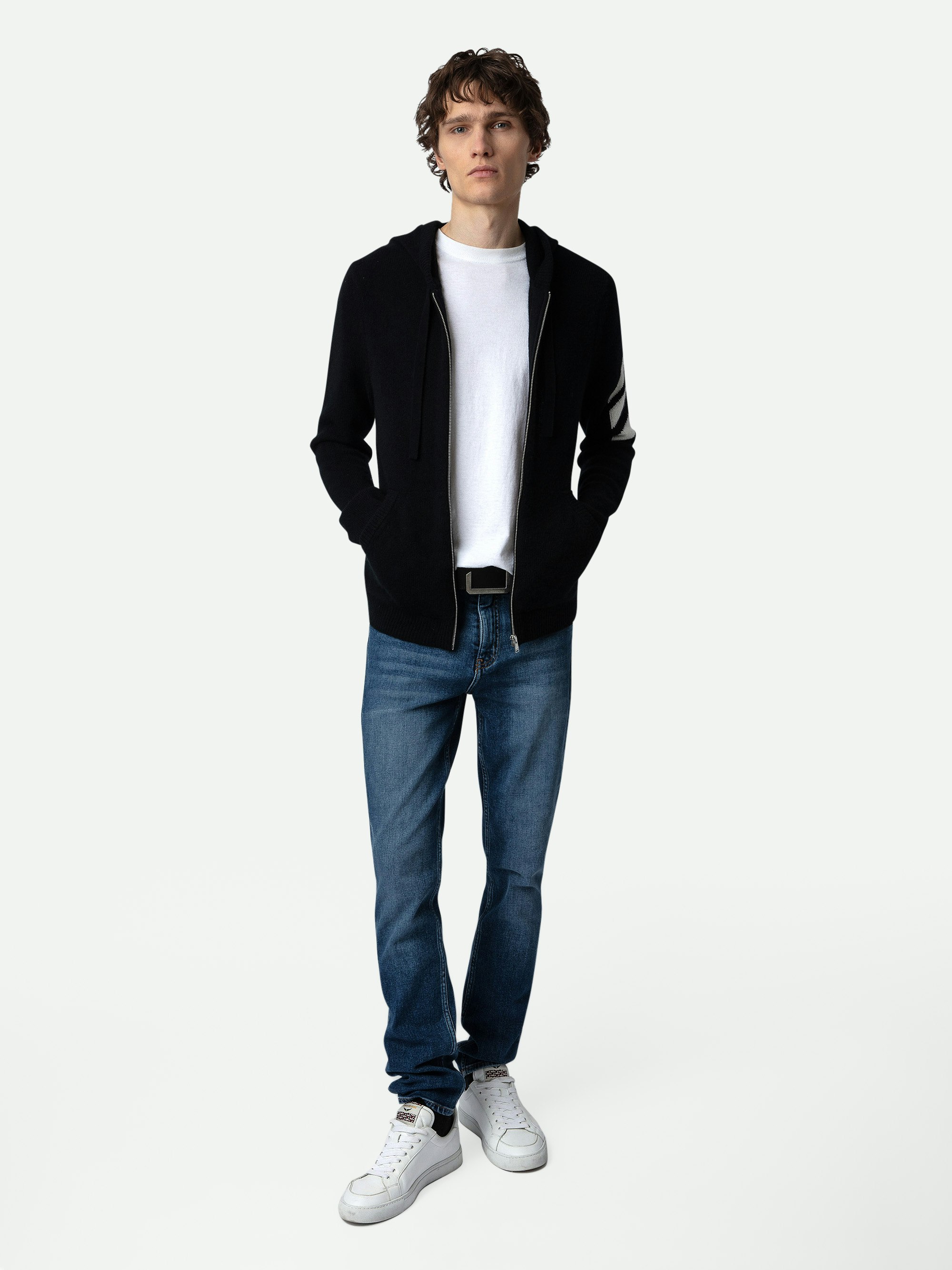 Clash Arrow Cashmere Cardigan - Long-sleeved black cashmere zip-up cardigan with hood and arrow on left arm.