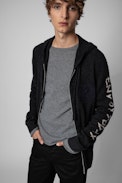 Strickjacke Clash Kaschmir - Herren-Strickjacke aus schwarzem Kaschmir mit Wolfsmotiv auf dem Rücken