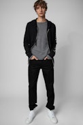 Strickjacke Clash Kaschmir - Herren-Strickjacke aus schwarzem Kaschmir mit Wolfsmotiv auf dem Rücken