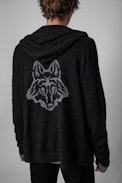 Strickjacke Clash Kaschmir - Herren-Strickjacke aus schwarzem Kaschmir mit Wolfsmotiv auf dem Rücken