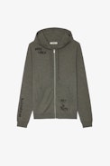 Clash Cardigan - Men's zipped hooded cardigan in grey wool with embroidered slogans