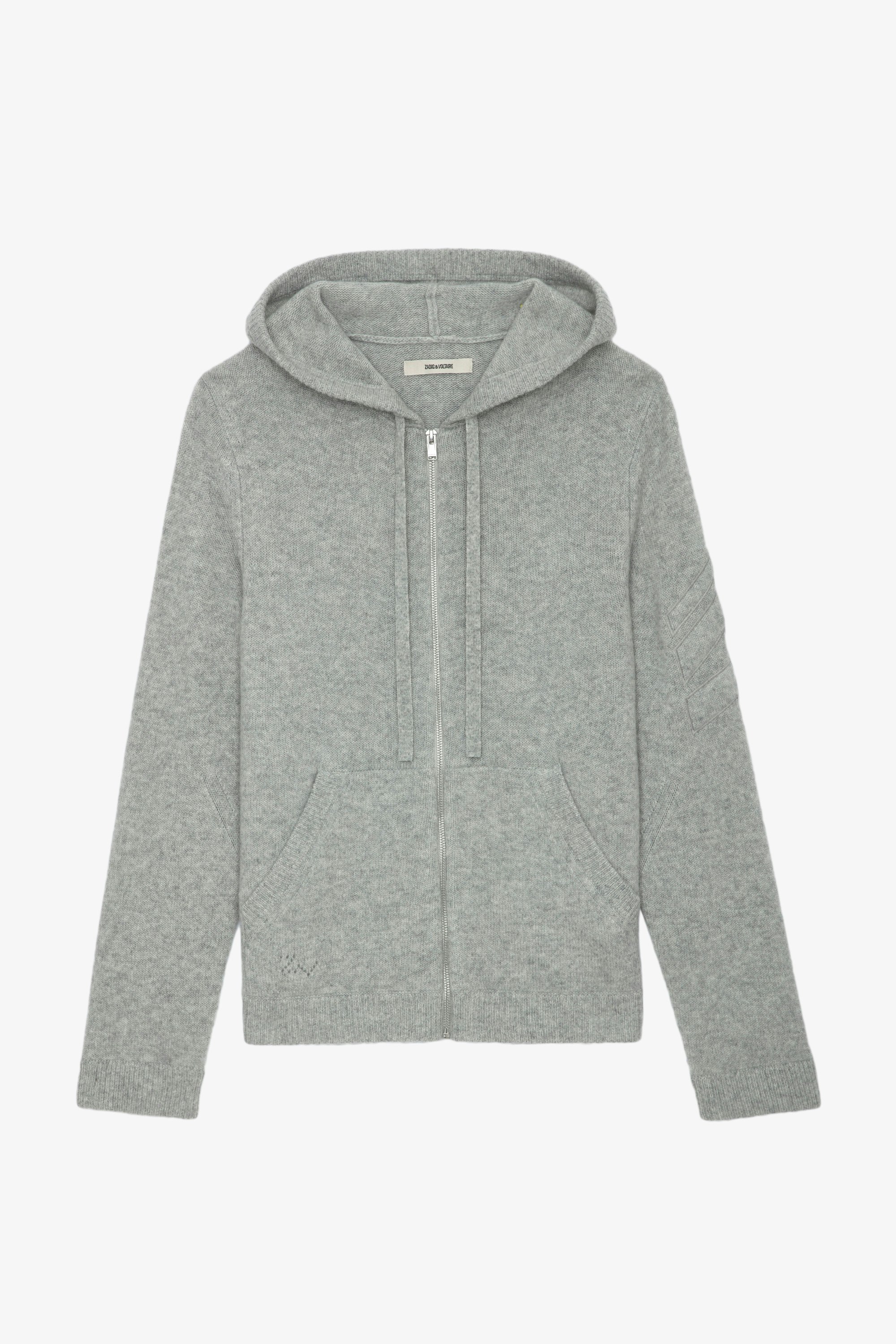 Clash Cashmere Cardigan - Grey cashmere hooded zip-up cardigan with arrows on the left sleeve.