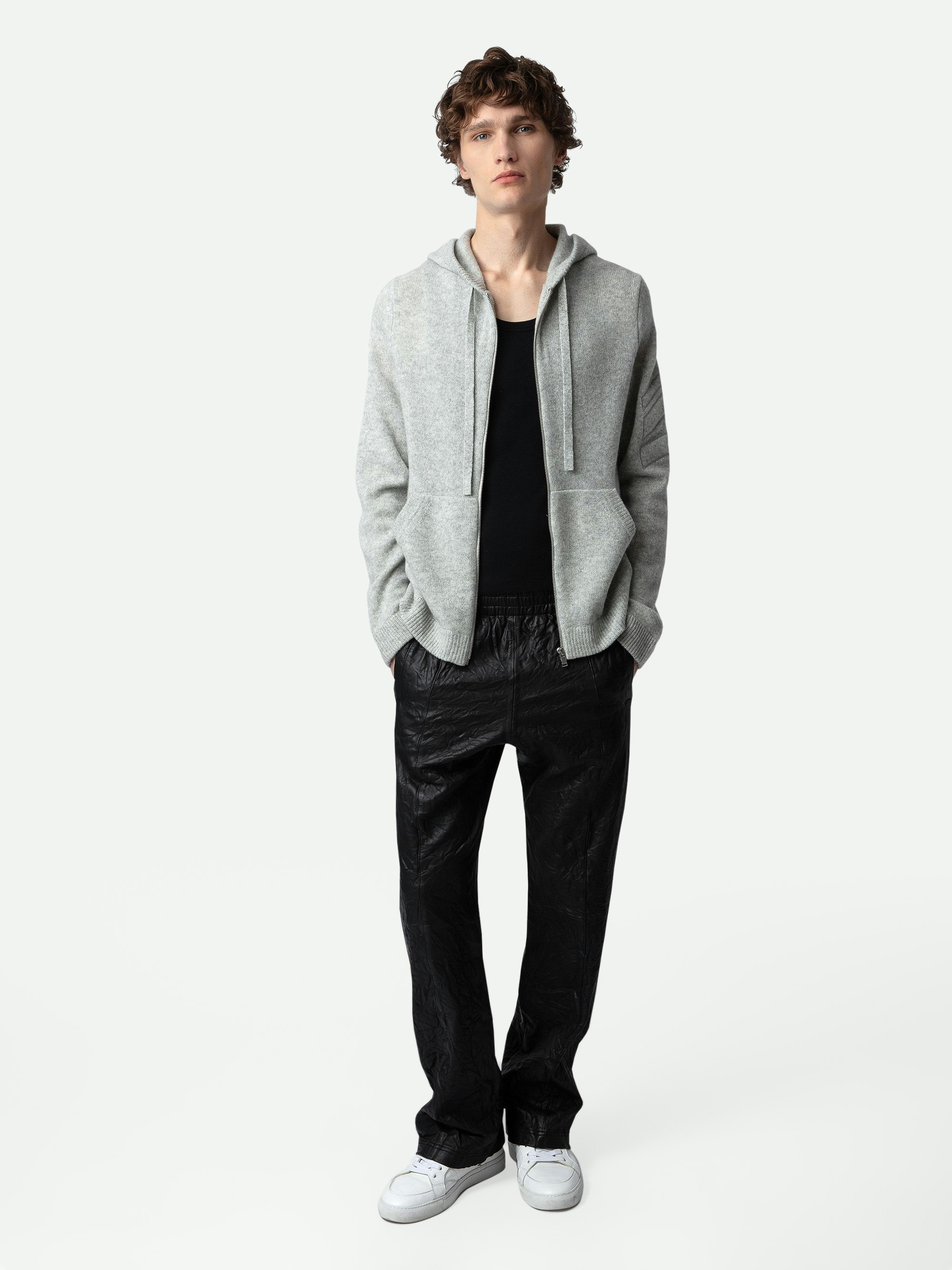 Clash Cardigan 100% Cashmere  - Grey 100% cashmere hooded zip-up cardigan with arrows on the left sleeve.