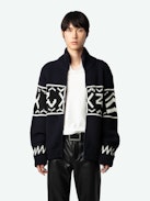 Christophe Cardigan - Long-sleeved navy blue thick knit zip-up cardigan with funnel collar and signature intarsia and arrows.