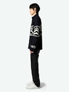 Christophe Cardigan - Long-sleeved navy blue thick knit zip-up cardigan with funnel collar and signature intarsia and arrows.