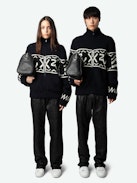 Christophe Cardigan - Long-sleeved navy blue thick knit zip-up cardigan with funnel collar and signature intarsia and arrows.