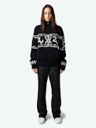 Christophe Cardigan - Long-sleeved navy blue thick knit zip-up cardigan with funnel collar and signature intarsia and arrows.