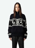 Christophe Cardigan - Long-sleeved navy blue thick knit zip-up cardigan with funnel collar and signature intarsia and arrows.