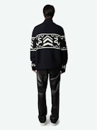 Christophe Cardigan - Long-sleeved navy blue thick knit zip-up cardigan with funnel collar and signature intarsia and arrows.