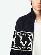 Christophe Cardigan - Long-sleeved navy blue thick knit zip-up cardigan with funnel collar and signature intarsia and arrows.