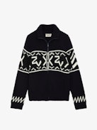 Christophe Cardigan - Long-sleeved navy blue thick knit zip-up cardigan with funnel collar and signature intarsia and arrows.