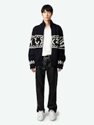 Christophe Cardigan - Long-sleeved navy blue thick knit zip-up cardigan with funnel collar and signature intarsia and arrows.