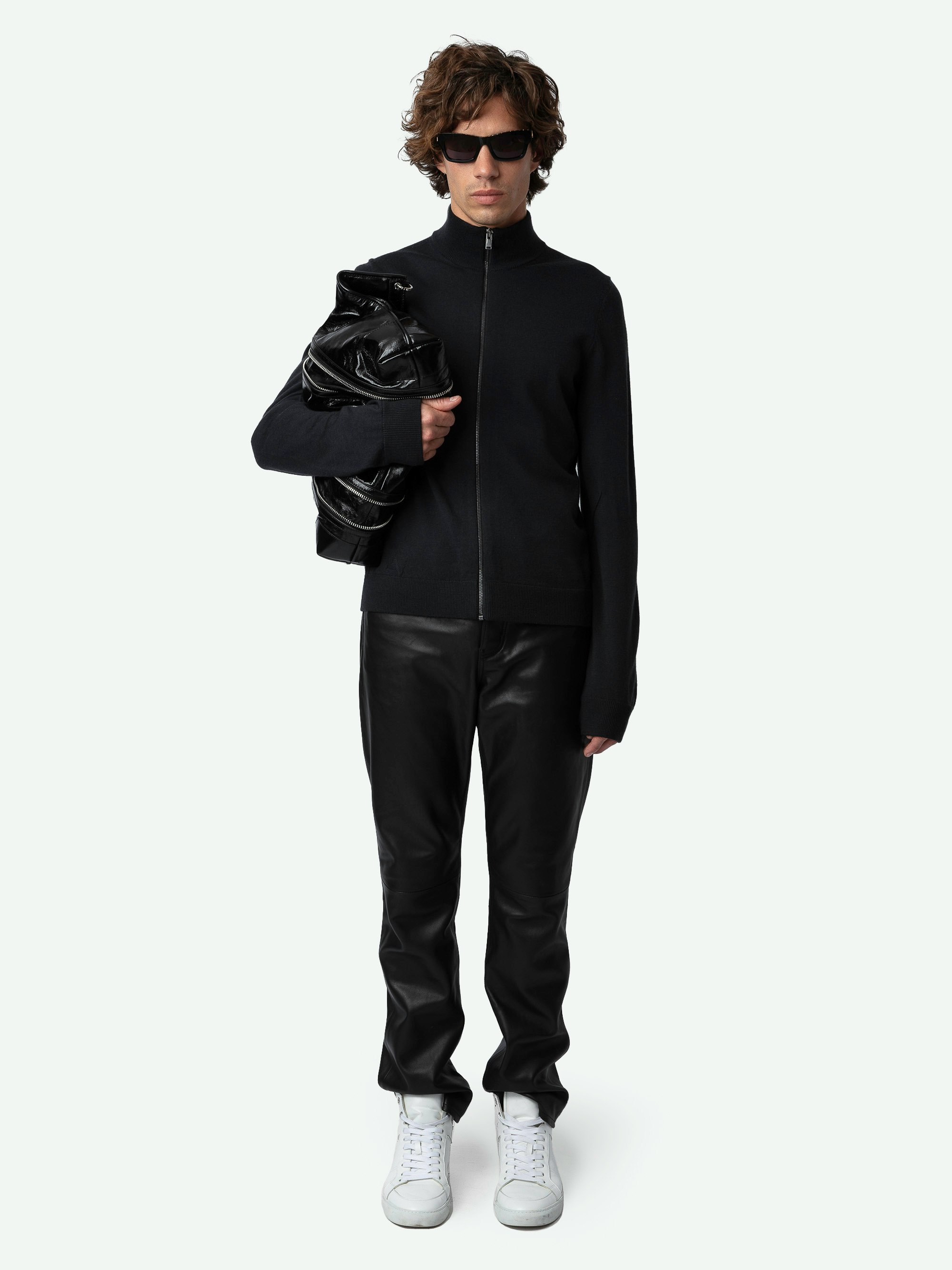 Charly Studio Cardigan - Long-sleeved high collar dark grey merino wool zip-up cardigan with Studio print on the back.