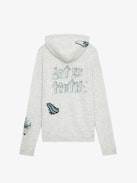 Cardigan Clash - Cardigan con cerniera in maglia grigio chiaro screziato con cappuccio, maniche lunghe e tag.