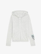 Cardigan Clash - Cardigan con cerniera in maglia grigio chiaro screziato con cappuccio, maniche lunghe e tag.