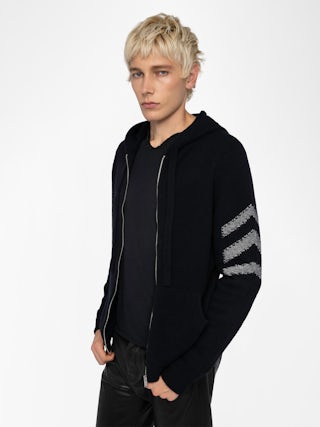 Clash Jumper 100% Cashmere - Hooded zip-up jumper with arrow on the arm.