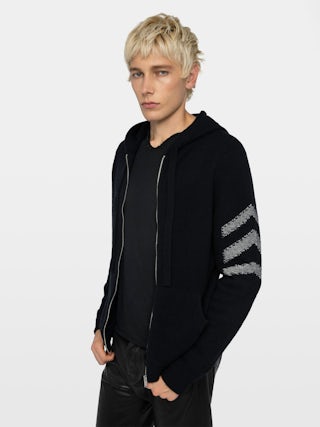 Clash Jumper 100% Cashmere - Hooded zip-up jumper with arrow on the arm.
