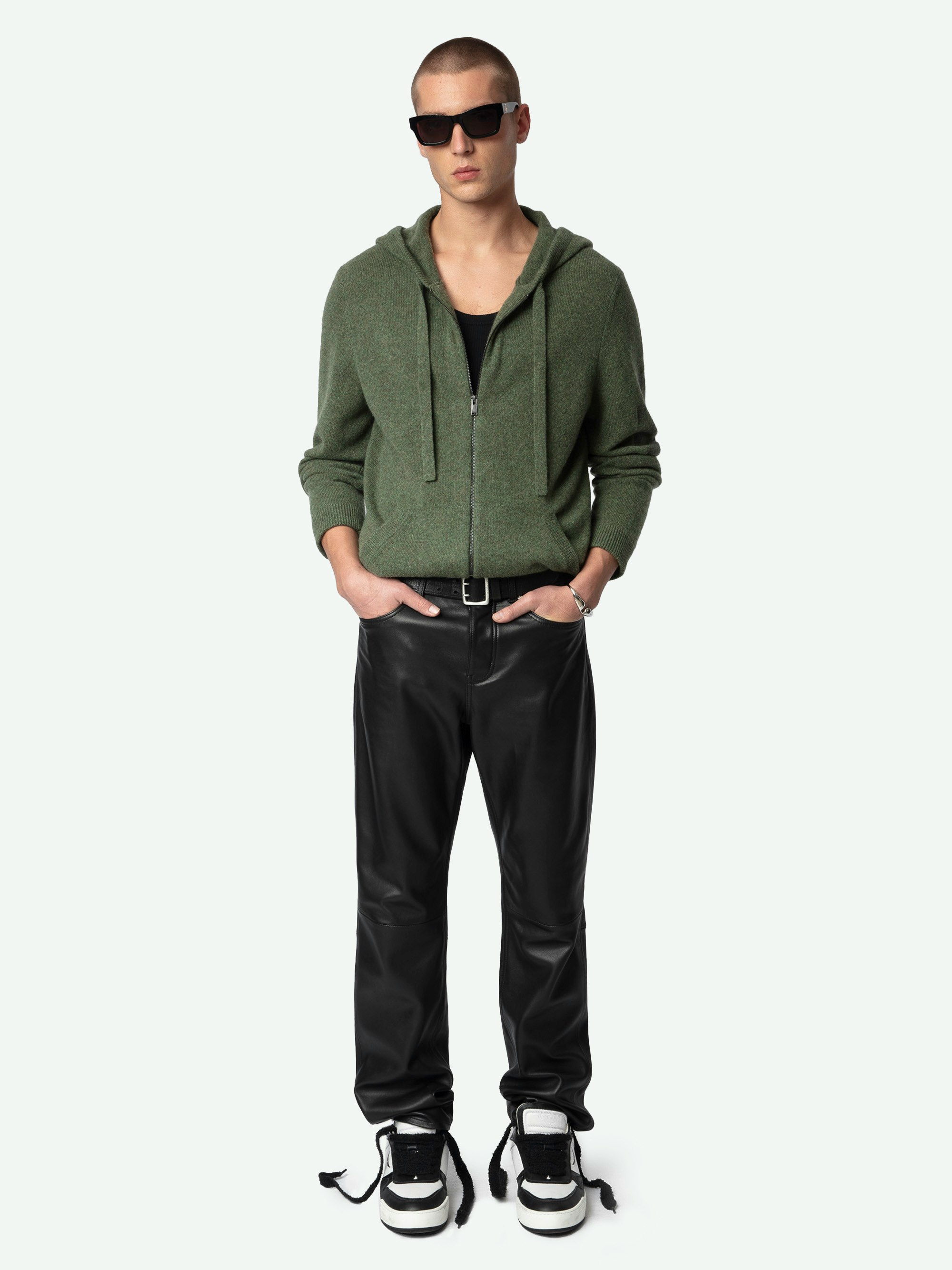 Clash Arrow Cardigan 100% Cashmere - Green hooded zip cardigan in 100% cashmere with long sleeves and an arrow on the left arm.