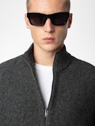 Charly Cardigan 100% Merino Wool - Dark grey zip-up cardigan in 100% merino wool, featuring a high collar, long sleeves, and a Skull design on the back.