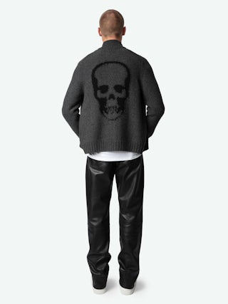 Charly Cardigan 100% Merino Wool - Dark grey zip-up cardigan in 100% merino wool, featuring a high collar, long sleeves, and a Skull design on the back.