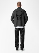 Charly Cardigan 100% Merino Wool - Dark grey zip-up cardigan in 100% merino wool, featuring a high collar, long sleeves, and a Skull design on the back.