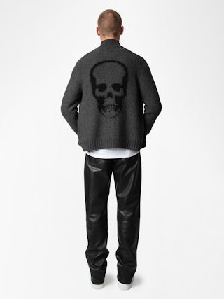 Cardigan Charly 100% Lana Merinos - Cardigan zippato in 100% lana merino grigio scuro con collo alto, maniche lunghe e motivo Skull sul retro.