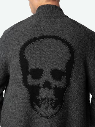 Charly Cardigan 100% Merino Wool - Dark grey zip-up cardigan in 100% merino wool, featuring a high collar, long sleeves, and a Skull design on the back.