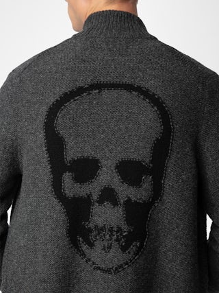 Cardigan Charly 100% Lana Merinos - Cardigan zippato in 100% lana merino grigio scuro con collo alto, maniche lunghe e motivo Skull sul retro.