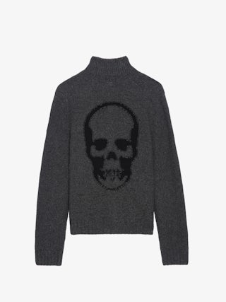 Charly Cardigan 100% Merino Wool - Dark grey zip-up cardigan in 100% merino wool, featuring a high collar, long sleeves, and a Skull design on the back.