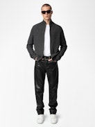 Charly Cardigan 100% Merino Wool - Dark grey zip-up cardigan in 100% merino wool, featuring a high collar, long sleeves, and a Skull design on the back.