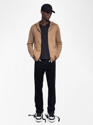 Clash Cardigan 100% Merino Wool - Hooded cardigan with zip closure and rock n roll writing on the back.