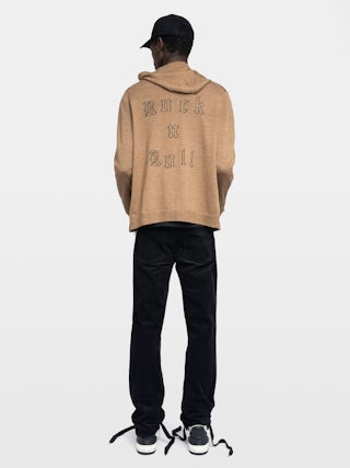 Clash Cardigan 100% Merino Wool - Hooded cardigan with zip closure and rock n roll writing on the back.