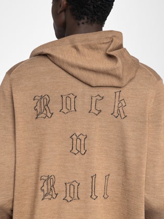 Clash Cardigan 100% Merino Wool - Hooded cardigan with zip closure and rock n roll writing on the back.