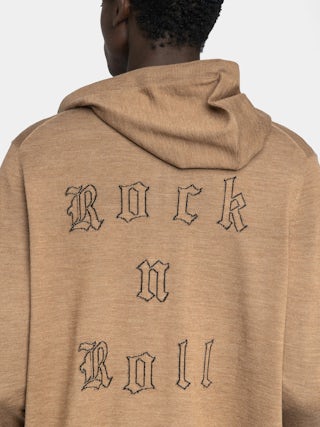 Clash Cardigan 100% Merino Wool - Hooded cardigan with zip closure and rock n roll writing on the back.