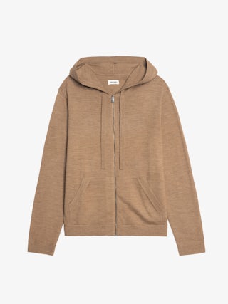 Clash Cardigan 100% Merino Wool - Hooded cardigan with zip closure and rock n roll writing on the back.