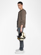 Clash Cardigan - Hooded cardigan with zip closure featuring front patch and western back detail.