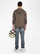 Clash Cardigan - Hooded cardigan with zip closure featuring front patch and western back detail.