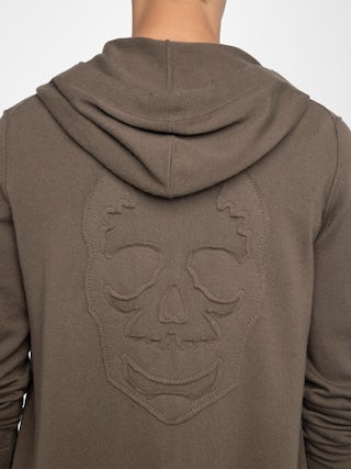 Clash Cardigan - Hooded cardigan with zip closure featuring front patch and western back detail.