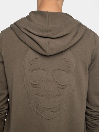 Clash Cardigan - Hooded cardigan with zip closure featuring front patch and western back detail.