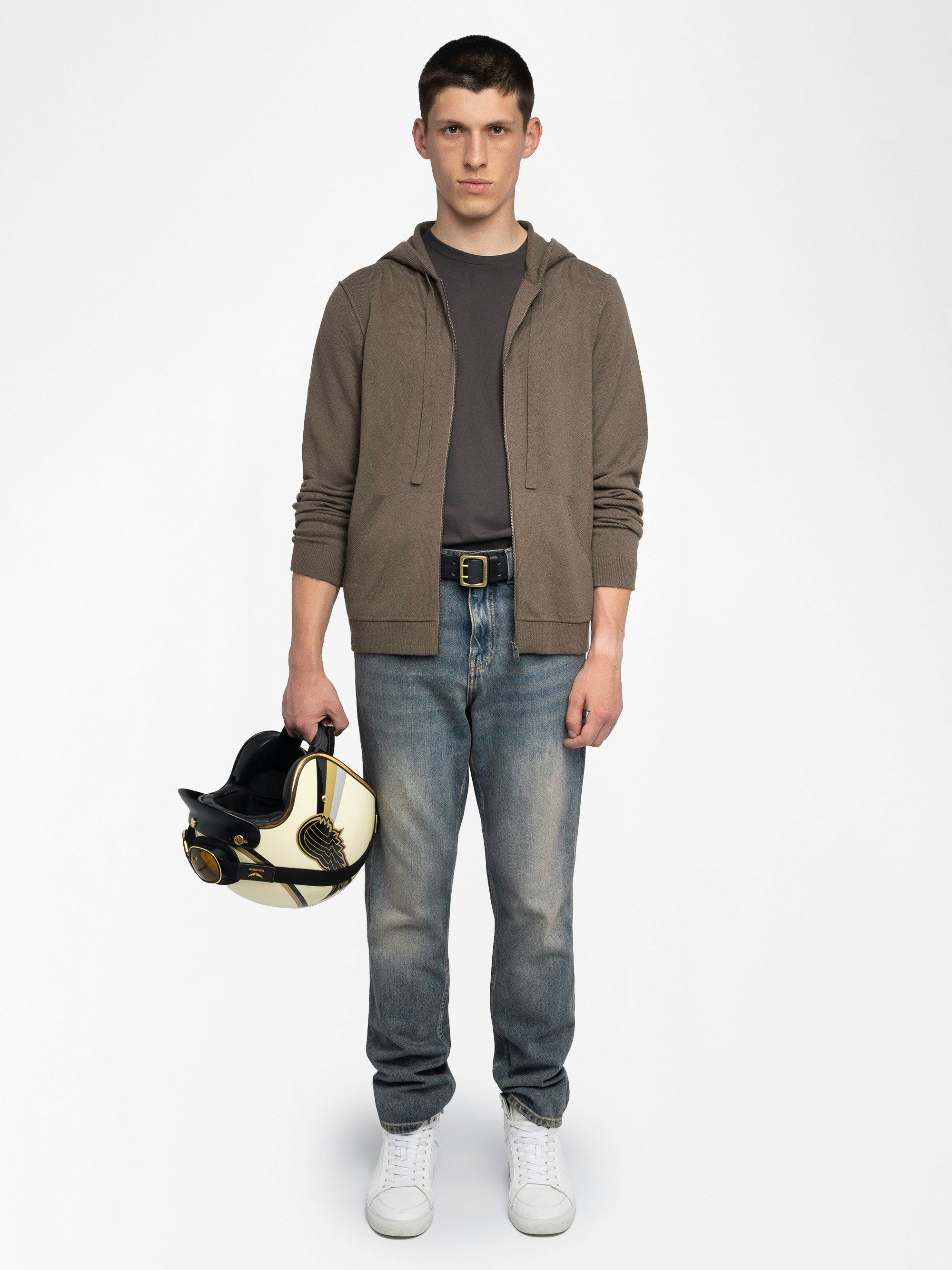 Clash Cardigan - Hooded cardigan with zip closure featuring front patch and western back detail.