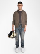 Clash Cardigan - Hooded cardigan with zip closure featuring front patch and western back detail.