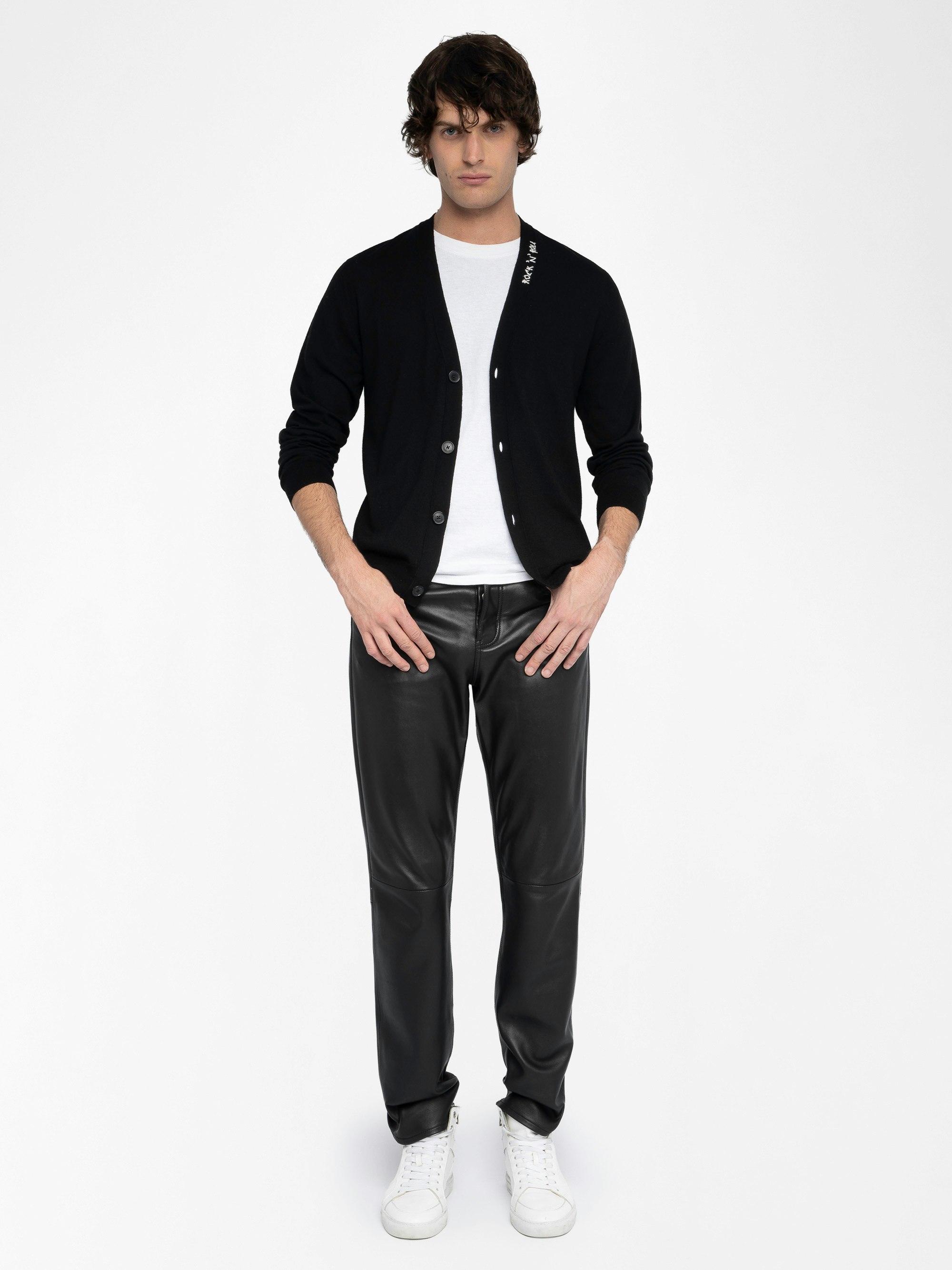 Remi Merino Wool Cardigan - V-neck buttoned cardigan with embroidery on the collar.