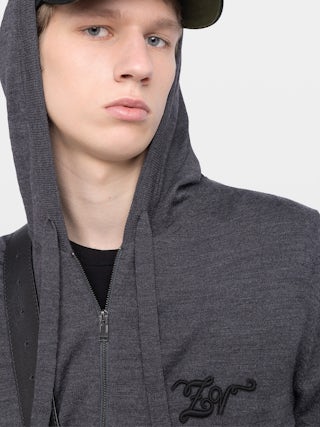 Cardigan Clash 100% Wool - Hooded zip-up cardigan with contrast double-cuff effect.