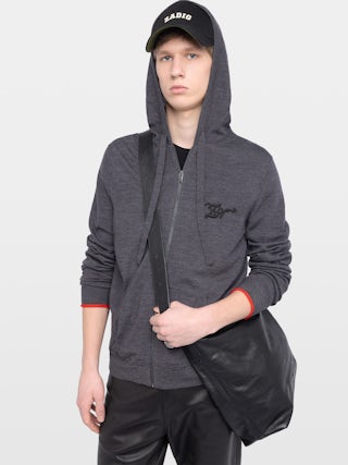 Cardigan Clash 100% Wool - Hooded zip-up cardigan with contrast double-cuff effect.
