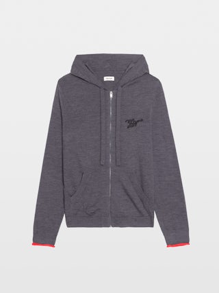 Cardigan Clash 100% Wool - Hooded zip-up cardigan with contrast double-cuff effect.