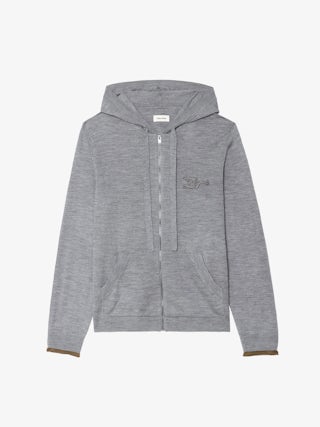 Cardigan Clash 100% Wool - Hooded zipped cardigan with contrast-colour double-cuff effect.