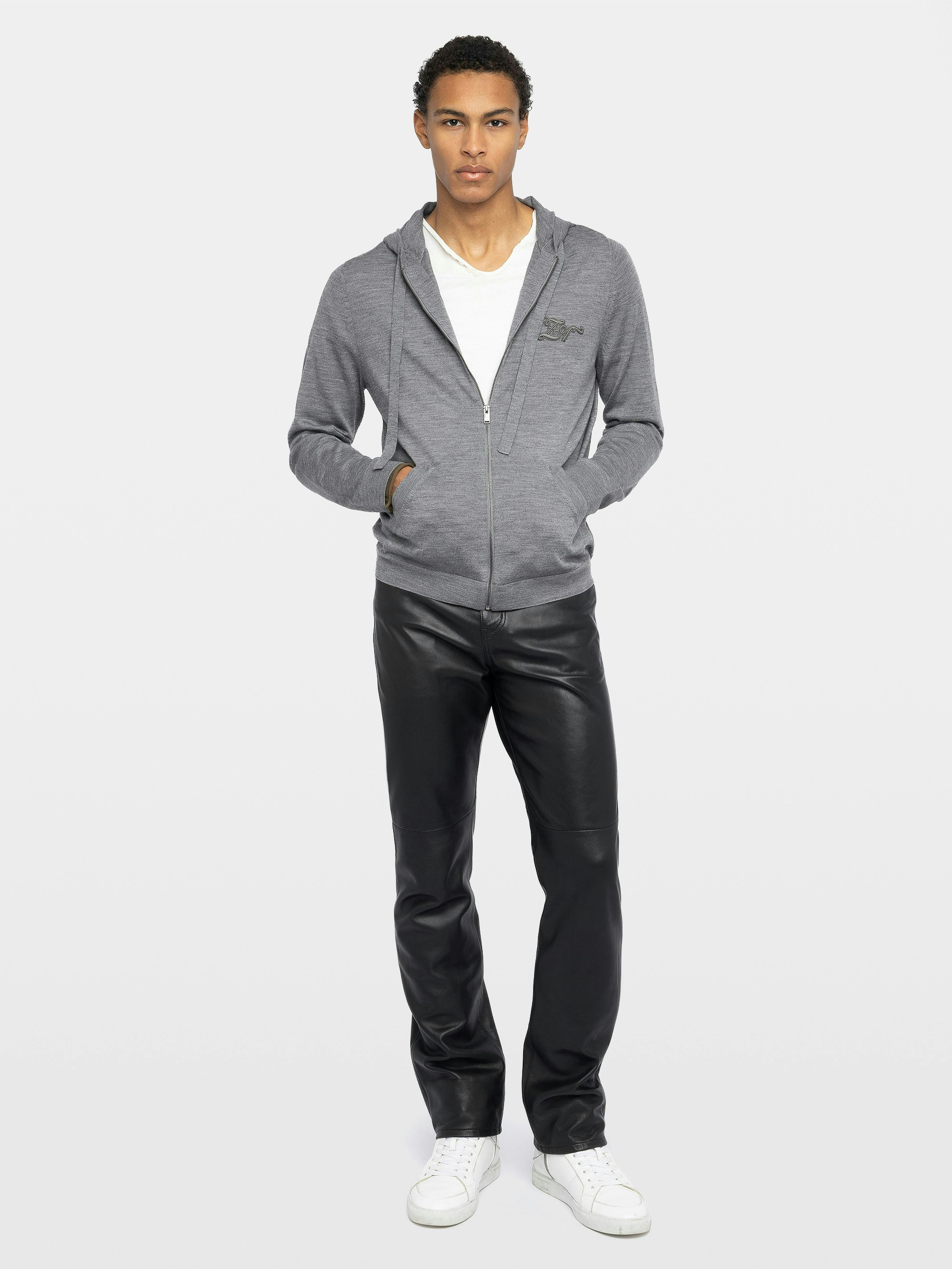 Cardigan Clash 100% Wool - Hooded zipped cardigan with contrast-colour double-cuff effect.